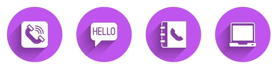 Set Telephone handset, Hello in different languages, Phone book and Laptop icon Stock Illustration