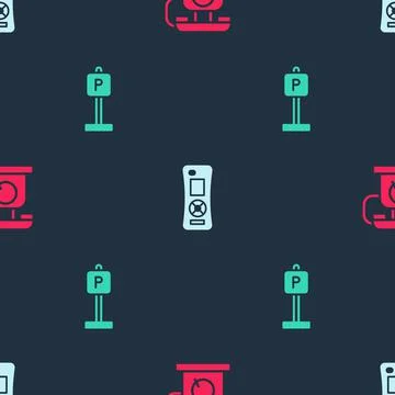 Set Telephone handset, Remote control and Parking on seamless pattern. Vector Stock Illustration