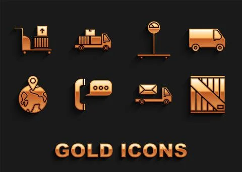 Set Telephone with speech bubble chat, Delivery cargo truck vehicle, Wooden box Illustrazione stock