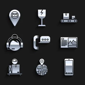 Set Telephone with speech bubble chat, , Mobile app delivery tracking, Postcard Illustrazione stock