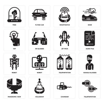 Set of Teleportation, Chainsaw, Panoramic view, Robot, Jet pack, Tap, Smartwa 무료 스톡 일러스트