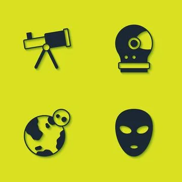 Set Telescope, Alien, Earth globe and Astronaut helmet icon. Vector Stock Illustration