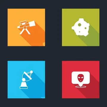Set Telescope, Asteroid, Satellite dish and Alien icon. Vector 스톡 일러스트