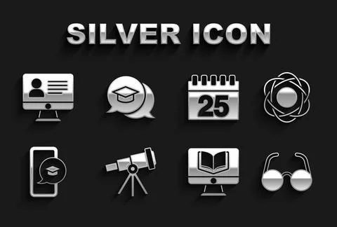 Set Telescope, Atom, Glasses, Online class, Graduation cap on mobile, Calen.. Ilustración de archivo