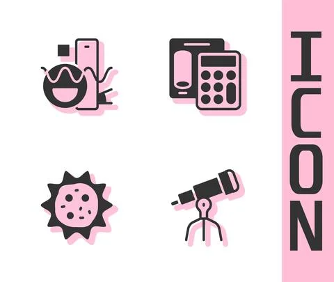 Set Telescope, Basic geometric shapes, Virus and Calculator icon. Vector Illustrazione stock