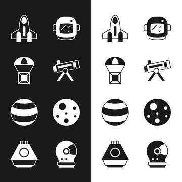 Set Telescope, Box flying on parachute, Rocket ship, Astronaut helmet, Plan.. Stock Illustration