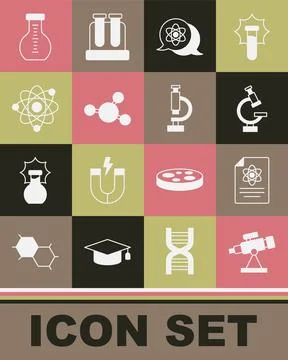 Set Telescope, Chemistry report, Microscope, Atom, Molecule, Test tube and icon Stockillustratie