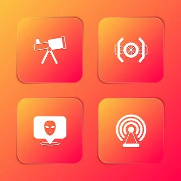 Set Telescope, Cosmic ship, Alien and Radar icon. Vector Stock Illustration