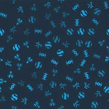 Set Telescope, Cosmic ship, Planet and Rocket on seamless pattern. Vector Stock Illustration