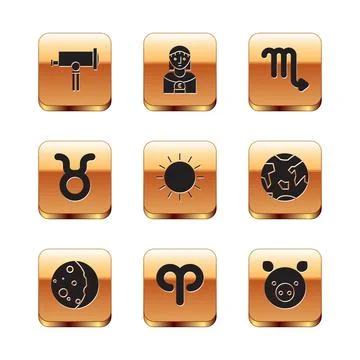 Set Telescope, Eclipse of the sun, Aries zodiac, Sun, Taurus, Scorpio, Pig and 스톡 일러스트