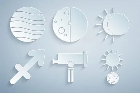 Set Telescope, Eclipse of the sun, Sagittarius zodiac, Solstice,  and Plane.. 스톡 일러스트