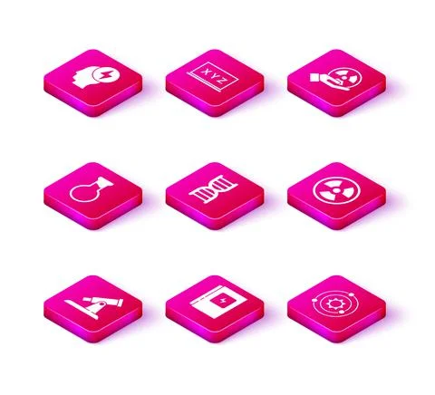 Set Telescope, Electrical panel, Test tube and flask, DNA symbol, Solar system Stock Illustration