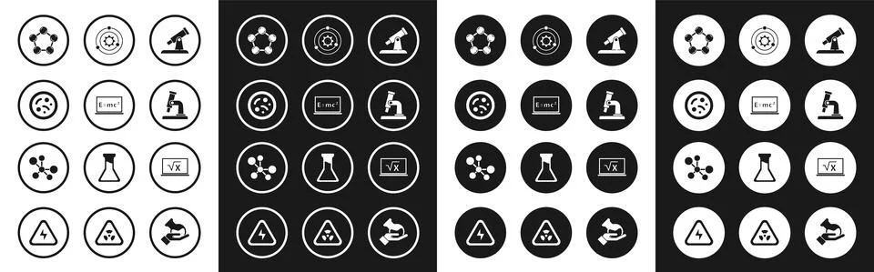 Set Telescope, Equation solution, Bacteria, Molecule, Microscope, Solar system Stock Illustration