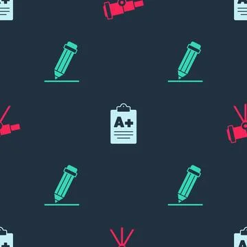 Set Telescope, Exam sheet with A plus grade and Pencil eraser on seamless p.. Stock Illustration