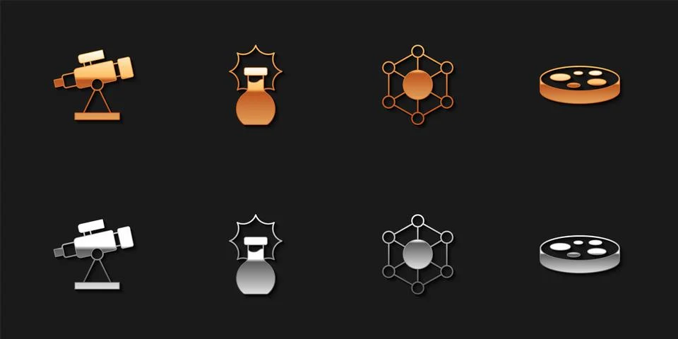 Set Telescope, Explosion in the flask, Molecule and Petri dish with bacteri.. Stock Illustration