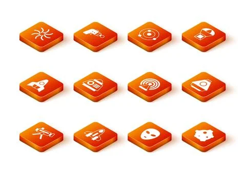 Set Telescope, Rocket ship, Space capsule, Alien, Radar, Asteroid and icon Stock Illustration
