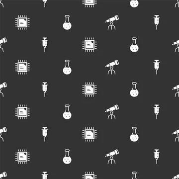 Set Telescope, Syringe, Processor CPU and Test tube on seamless pattern. Vect Stockillustratie