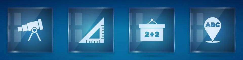 Set Telescope, Triangular ruler, Chalkboard and Alphabet. Square glass panels Illustrazione stock