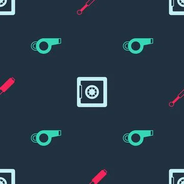 Set Telescopic baton, Safe and Whistle on seamless pattern. Vector Stock Illustration