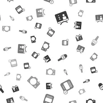 Set Television report, Information, Microphone and Photo camera on seamless Stock Illustration