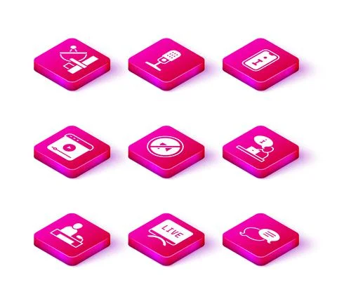 Set Television report, Live, stream, Censored stamp, Speech bubble chat Stock Illustration