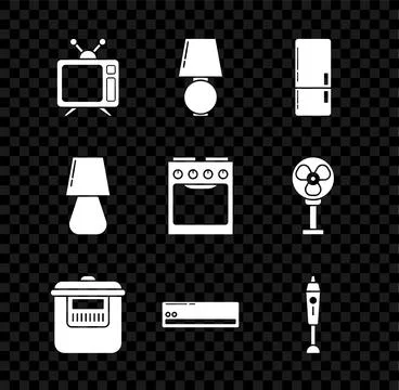 Set Television Table lamp Refrigerator Slow cooker Air conditioner Blender an Illustrazione stock