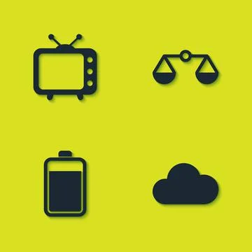 Set Television tv, Cloud, Battery and Scales of justice icon. Vector Stock Illustration