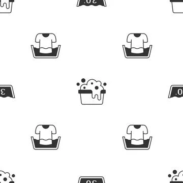 Set Temperature wash, Basin with soap suds and shirt on seamless pattern. Vector Stock Illustration