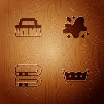 Set Temperature wash, Brush for cleaning, Towel stack and Water spill on wooden イラスト素材