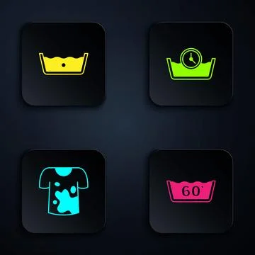 Set Temperature wash, , Dirty t-shirt and Time. Black square button. Vector Stock Illustration