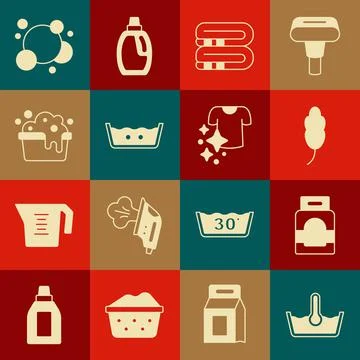 Set Temperature wash, Laundry detergent, Feather, Towel stack, Basin with soap Stock Illustration