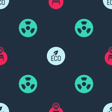 Set Temperature wash, Leaf Eco symbol and Radioactive on seamless pattern Illustrazione stock