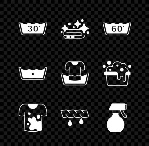 Set Temperature wash, Towel stack, Dirty t-shirt, Squeeze clothes, Water spray Stockillustratie