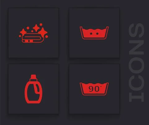 Set Temperature wash, Towel stack, and Bottle for cleaning agent icon. Vector Stock Illustration