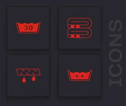 Set Temperature wash, , Towel stack and Squeeze clothes icon. Vector Stock Illustration