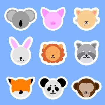 Set of Template Animals Stickers. Cat, Rabbit, Pig, Lion, Panda, Fox. Vector. Stock Illustration
