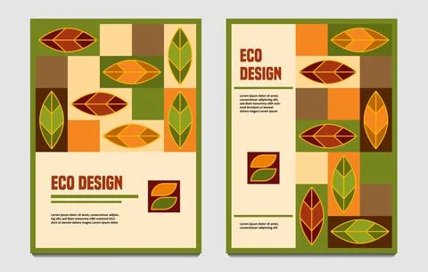 Set of templates for cover, flyer with leaves, rectanlges in geometric style. Stock Illustration
