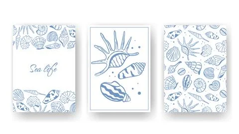 Set of templates with hand-drawn shells and mollusks Stock Illustration