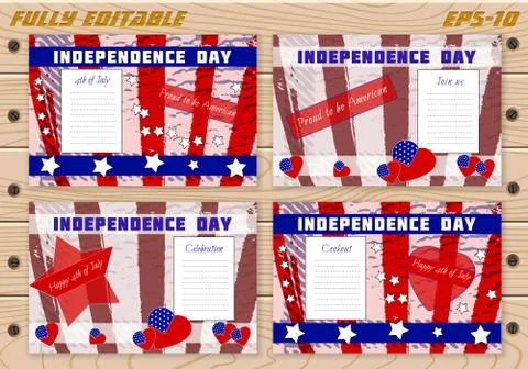 Set of templates for Independence Day on planked wood background. Stock Illustration