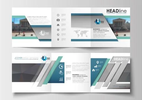 Set of templates for tri-fold brochures. Square design. Leaflet cover, flat Stock Illustration