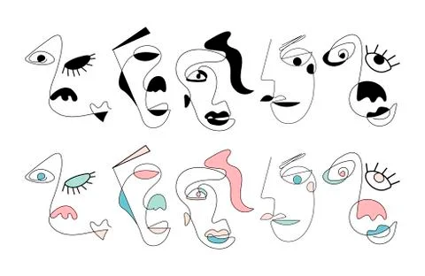 Set of ten abstract face one line drawing. Portrait minimalistic style. Fine one Stock Illustration