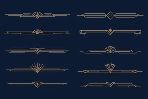 Set of ten art deco borders with thin geometric ornamental lines on dark bl.. Stock Illustration