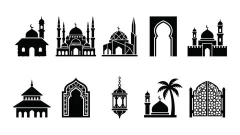 Set of ten black and white islamic architecture elements and mosque designs. イラスト素材