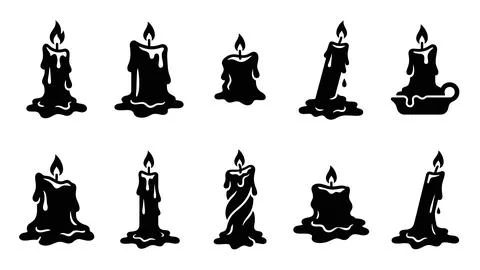 Set of ten black vector candle icons with melting wax in various designs Stock Illustration