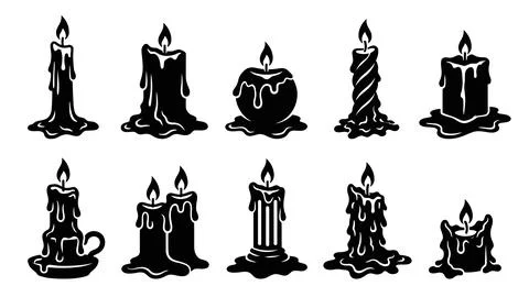 Set of ten black vector candle icons with melting wax in various designs Stock Illustration