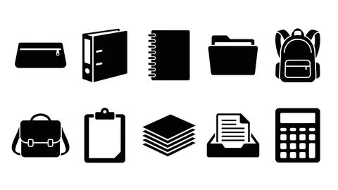 Set of ten black vector icons representing school and office supplies inclu.. Stock Illustration