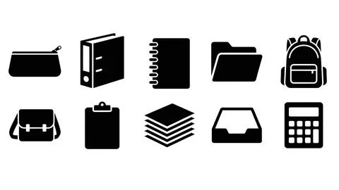 Set of ten black vector icons representing school and office supplies inclu.. Stock Illustration