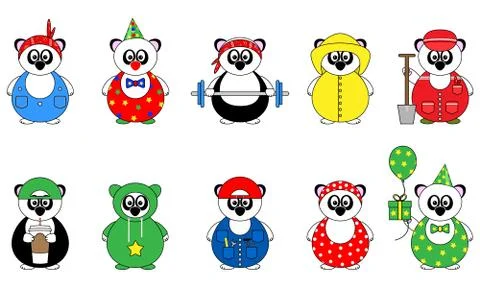 Set of ten cute cartoon vector illustrations of panda bear with clothes Stock Illustration