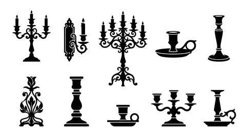 Set of ten decorative candlestick and candelabra silhouettes for elegant in.. Illustrazione stock