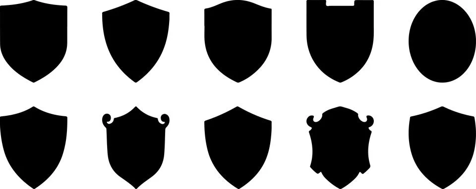 Set of ten different black shield icons and heraldic emblems for security a.. Stock Illustration